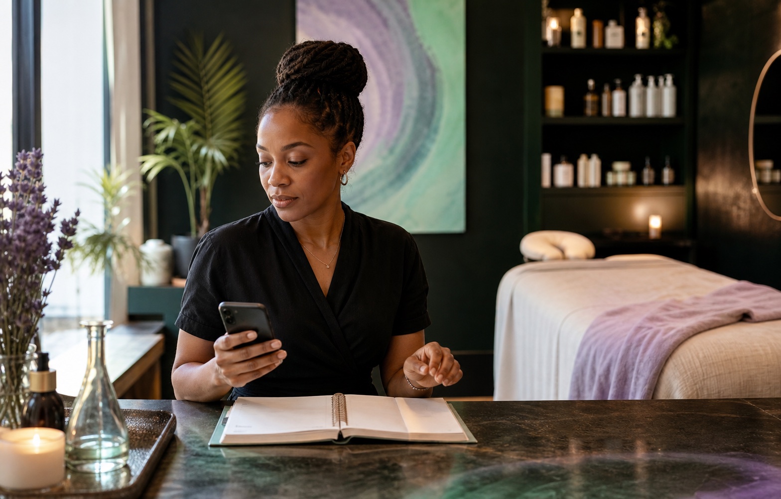 Wellness studio owner checking a phone beside an appointment notebook.