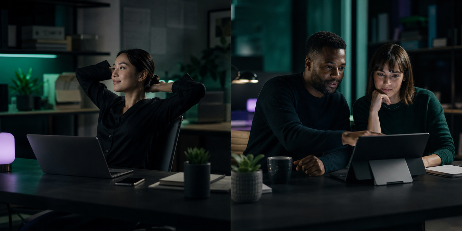 Small-business owner taking a calm pause at the end of the workday in a mint-lit workspace.